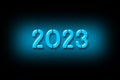 2023. Blue neon numbers are isolated on black background. New Year holidays. Design element. Royalty Free Stock Photo