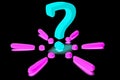 A blue neon question mark in the middle of pink exclamation marks on the floor, 3d illustration isolated on a black background.