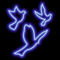 Blue neon silhouettes of three birds flying in the sky on black. Freedom, flight, upward movement Royalty Free Stock Photo