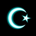 Blue Neon Star and crescent moon lamp, glowing icon. Symbol islamic religious sign for web and apps design. On black background.