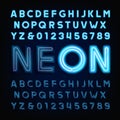 Blue neon tube alphabet font. Light turn on and off. Royalty Free Stock Photo