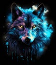 Blue neon wolf on black poster illustration.