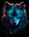 Blue neon wolf on black poster illustration.