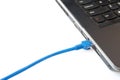 Blue network cable connecting to a laptop