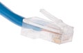 Blue network cable with plug on white Royalty Free Stock Photo