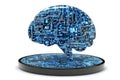Blue neural brain hologram emerging from digital base symbolizing advanced artificial intelligence cognitive computing