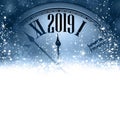 Blue 2019 New Year background with clock. Greeting card.