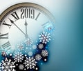 Blue 2019 New Year background with clock. Greeting card.