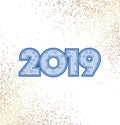 Blue 2019 new year design on white background with gold confetti and snowflakes pattern