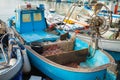 A blue nice boat moored at the harbour