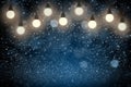 Blue nice glossy glitter lights defocused light bulbs bokeh abstract background with sparks fly, festal mockup texture with blank Royalty Free Stock Photo