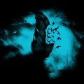 Blue night clouds with a feather and bats flying out of it for your designs Royalty Free Stock Photo
