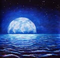 Blue night sea oil painting - dark tree on background large glowing moon reflected in sea waves - fantasy art illustration Royalty Free Stock Photo