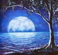 blue night sea oil painting - dark tree on background large glowing moon reflected in sea waves - fantasy art illustration