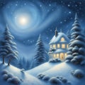 Blue night sky with bright stars over a snowy landscape with trees and an illuminated house in the magical Christmas atmosphere Royalty Free Stock Photo