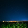 Blue Night Starry Sky Above Green Cornfield And Yellow City Lights Royalty Free Stock Photo