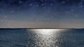 Blue night starry sky and full moon fluffy clouds ,reflection on sea water pink sunset on horizon black silhouette tree  , people Royalty Free Stock Photo