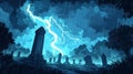 Blue Night Storm with Lightning Striking Ancient Ruins Royalty Free Stock Photo