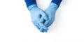 Blue Nitrile gloves banner. Hands of a medic in the blue latex gloves on white table