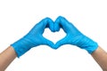 Blue nitrile medical gloves heart on hands isolated on the white Royalty Free Stock Photo