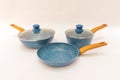 Blue Non-Stick Pot and Teflon Pan with Wooden Handle