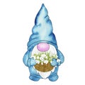 Blue nordic fairy gnome with snowdrops in basket