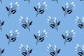 Blue nordic pattern with white berry and branche of briar. Delicate texture for textile design, vector repeated tile