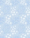 Blue nordic pattern with white flowers and branches. Delicate texture for textile design, vector repeated tile