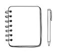 Blue notebook and pen vector hand drawn line art illustration Royalty Free Stock Photo