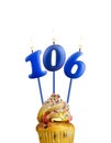 Blue number 106 candle - Birthday card on a white background Royalty Free Stock Photo