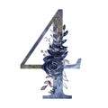 Blue number 4 decorated watercolor floral