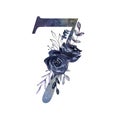 Blue number 7 decorated watercolor floral