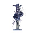Blue number 1 decorated watercolor floral