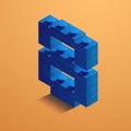 Blue number eight of consructor brick on yellow background. 3D Lego brick . Vector illustration