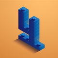 Blue number four of consructor brick on yellow background. 3D Lego brick . Vector illustration