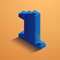 Blue number one of consructor brick on yellow background. 3D Lego brick . Vector illustration