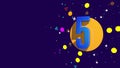 Blue number 5 on an orange circle spewing stars, circles, triangles against dark purple background