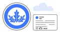 Blue oak leaf badge beside an interface showing post thumbs ups, comments, and a light cloud icon Royalty Free Stock Photo