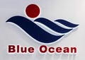 Blue Ocean company logo. Plastic blue letters with lights on the white wall