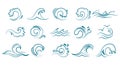 Blue ocean sea waves set. Icons, logos, vector Royalty Free Stock Photo