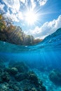 Blue ocean underwater sun rays background Royalty Free Stock Photo