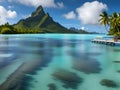 blue ocean water, clouds and mountains with blue sky