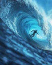 Blue ocean wave, surfer silhouette, action shot, highspeed shutter , 3D render Royalty Free Stock Photo