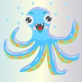 Blue octopus cartoon character. Flat smiling octopus with bubble