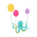 Blue Octopus with Tentacles as Sea Animal Holding Balloons Floating Underwater Vector Illustration Royalty Free Stock Photo