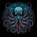 Blue octopus with vibrant patterns, AI-generated.