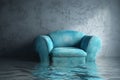 The blue office chair in the flooded office serves as a reflection of the damage caused by water Royalty Free Stock Photo