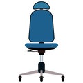 Blue office chair with headrest vector illustration. Furniture with rolls and all equipment tor it. Object isolated on white