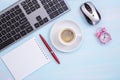 Blue office desk overhead Royalty Free Stock Photo