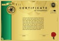 Blue official certificate with wafer, emblem, gold design elements